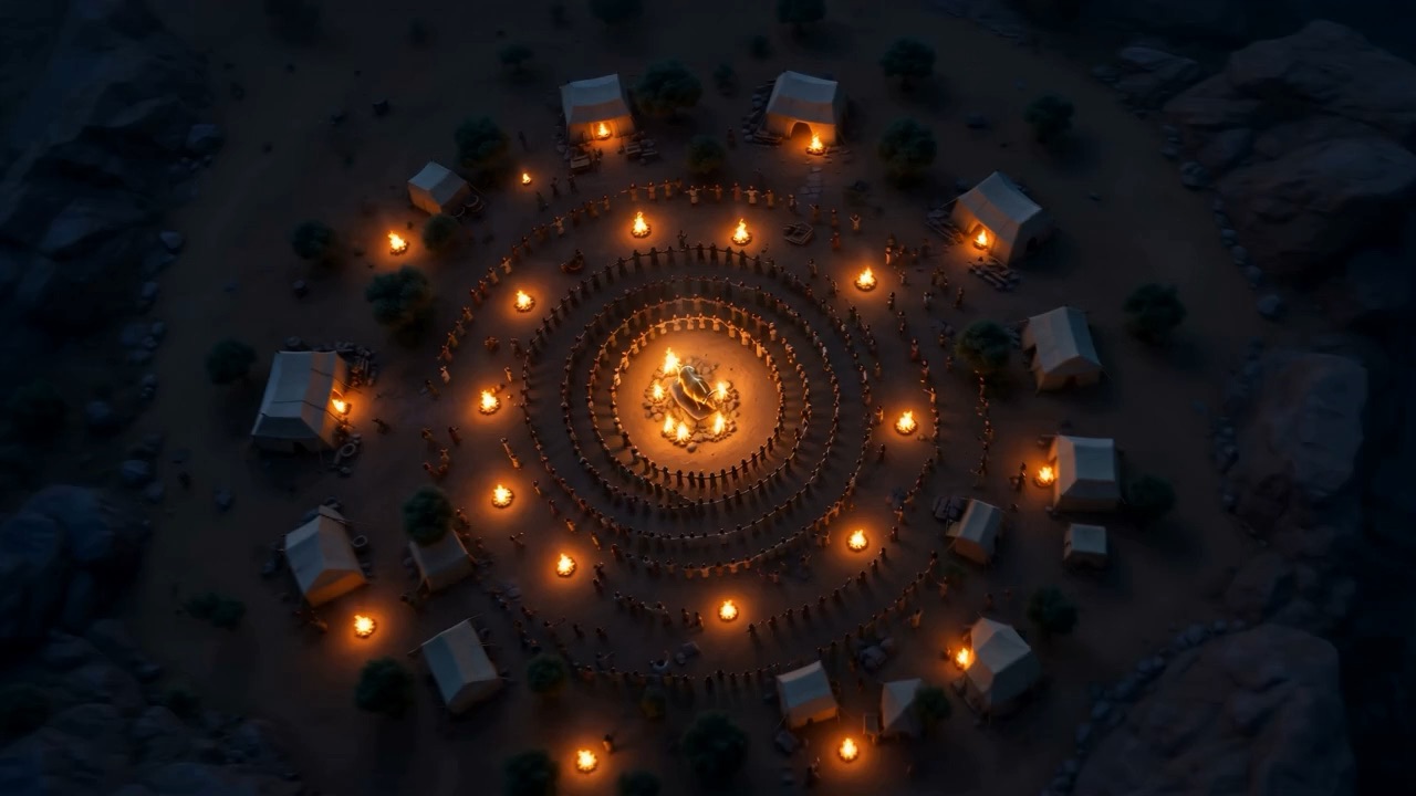 From high above: rings of firelight circling the idol