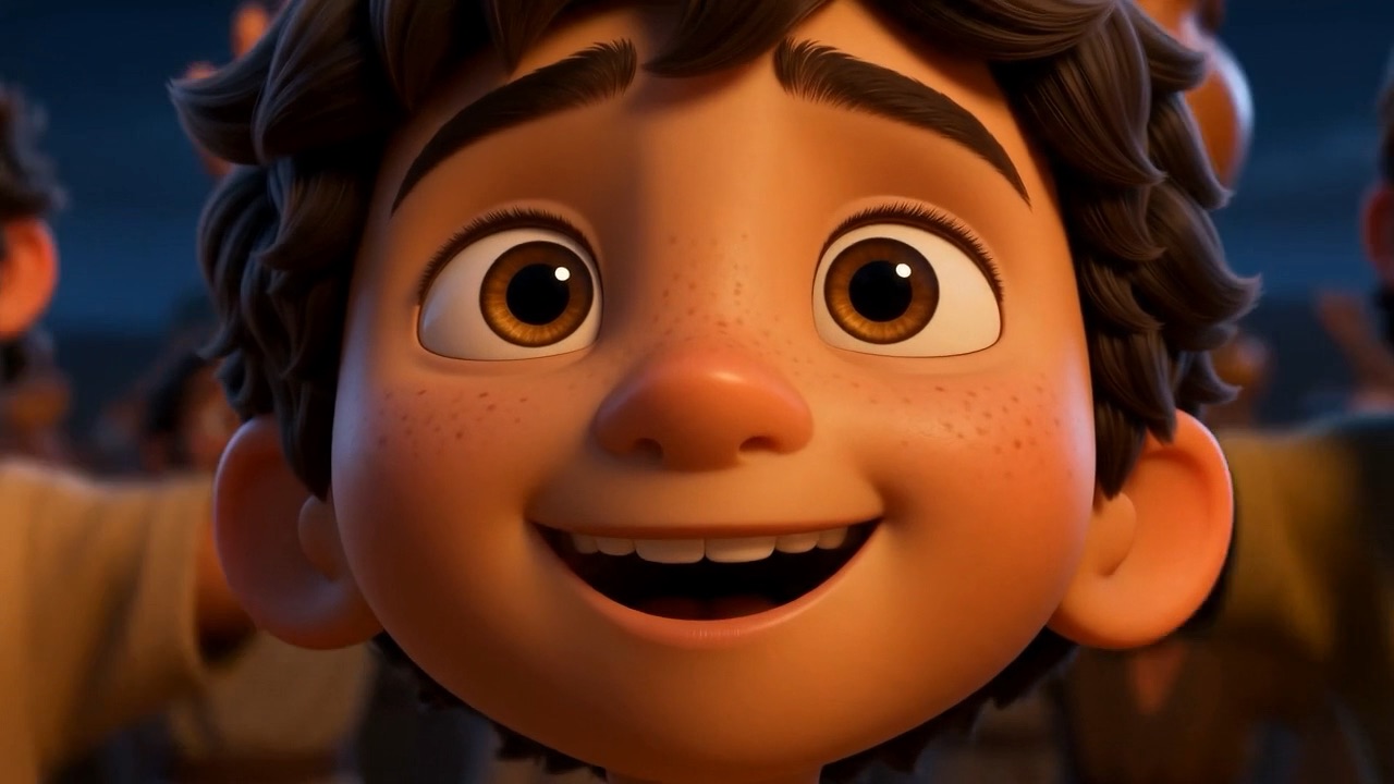A boy's delighted face in the glow