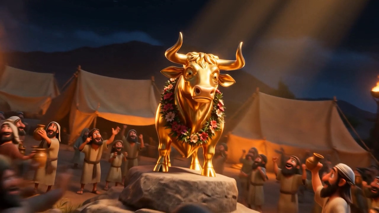 The calf stands garlanded on a stone plinth