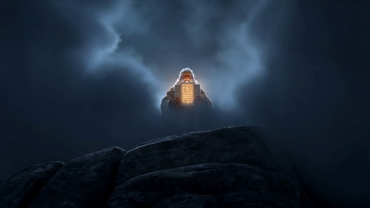 Moses lifts the glowing tablets on the storm-wrapped summit