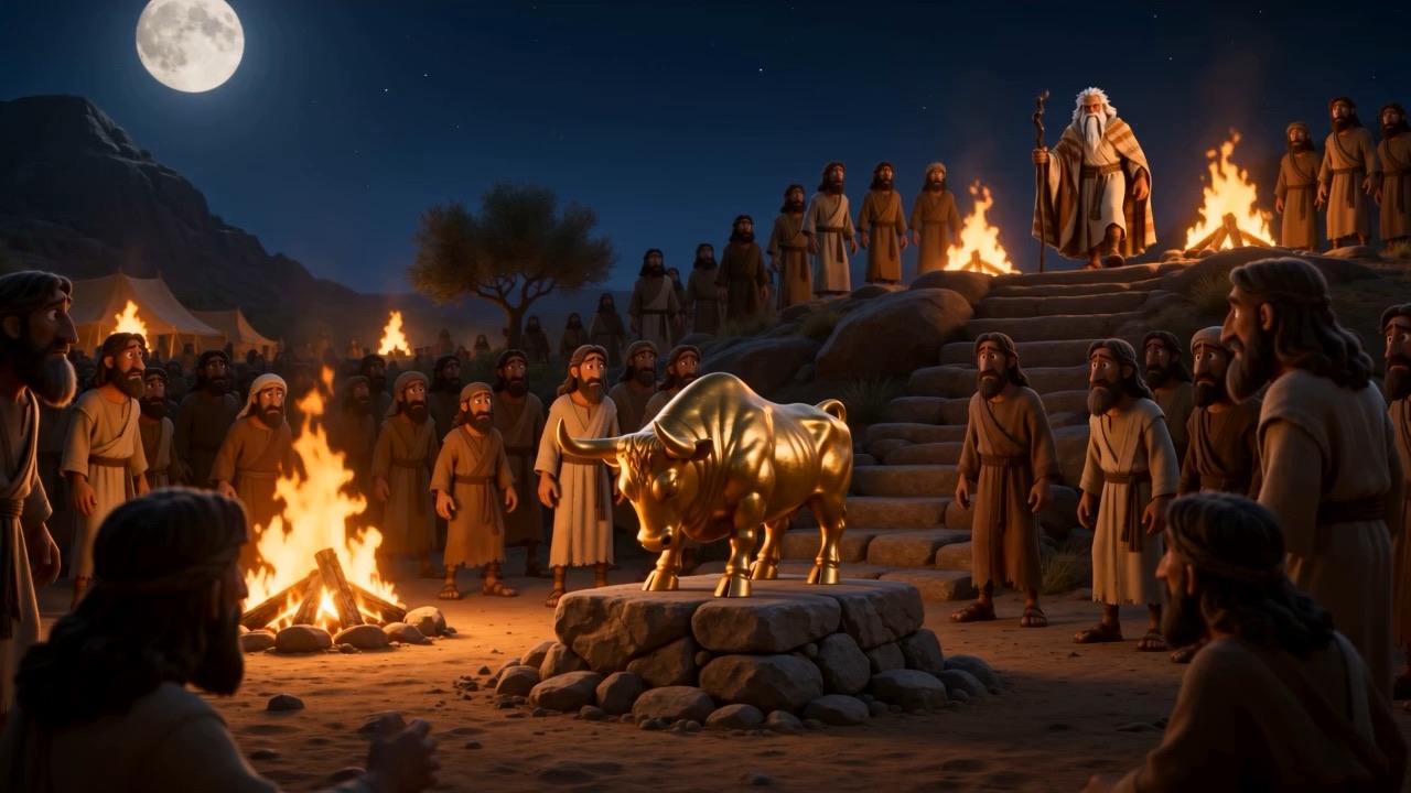 Moses descends by night into the camp of the calf
