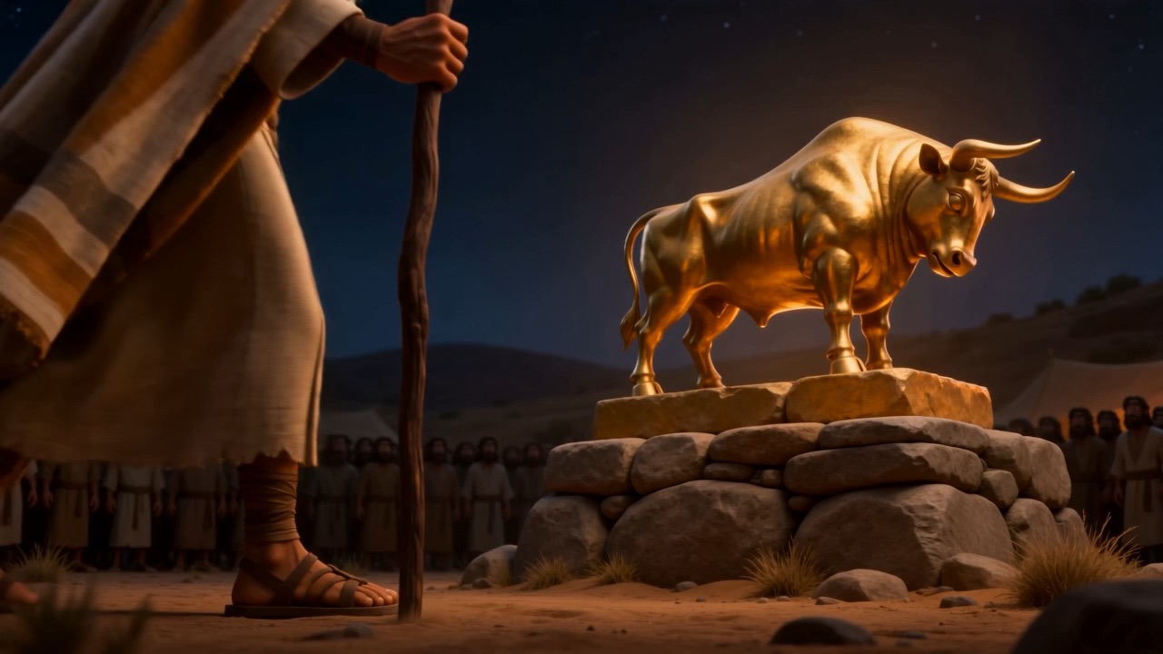 He faces the golden calf on its plinth