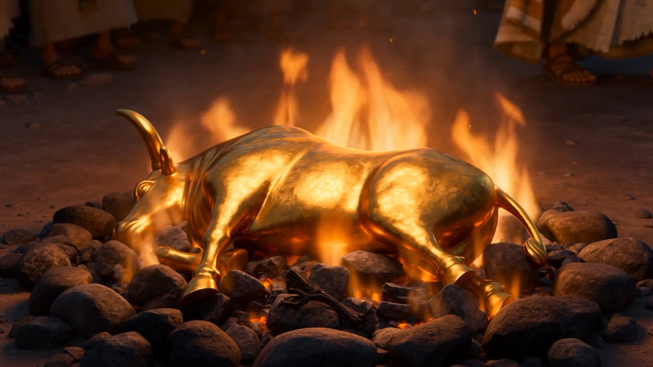 By morning: a slumped lump of gold in cold ashes