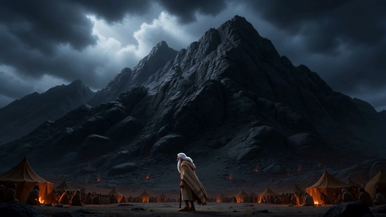 Night. Moses climbs back up the black mountain alone