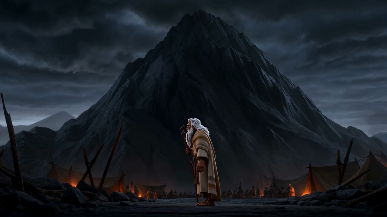 From below: one small figure against a vast dark mountain