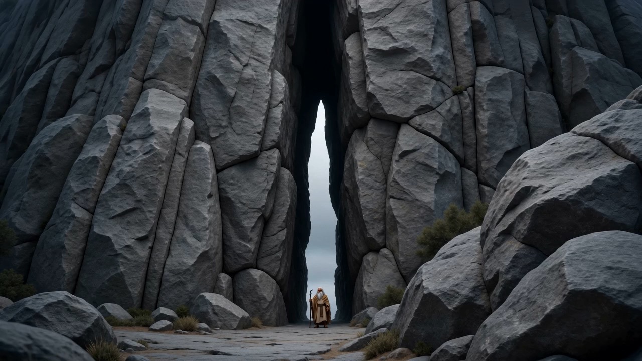A narrow split in a vast grey cliff