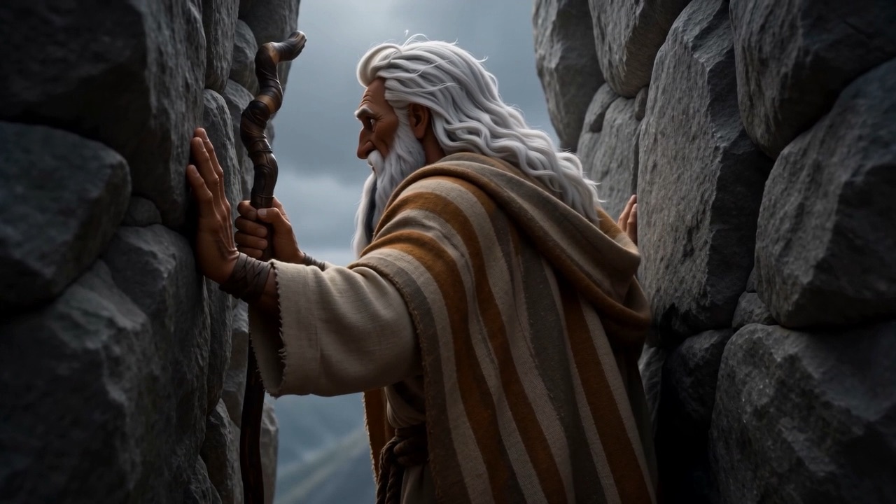 Moses presses himself into the cleft of the rock
