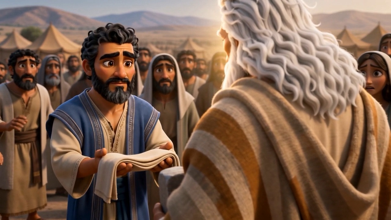Aaron holds out a veil to him