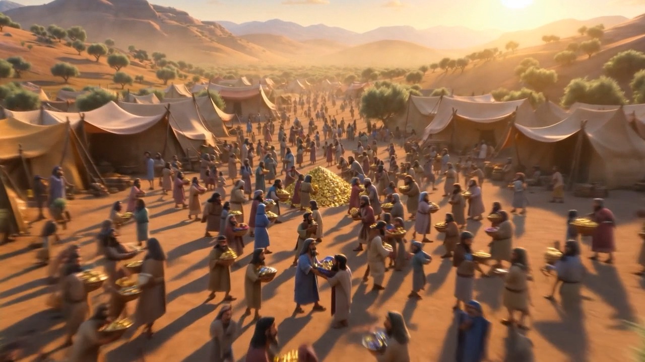 The whole camp streams in carrying things