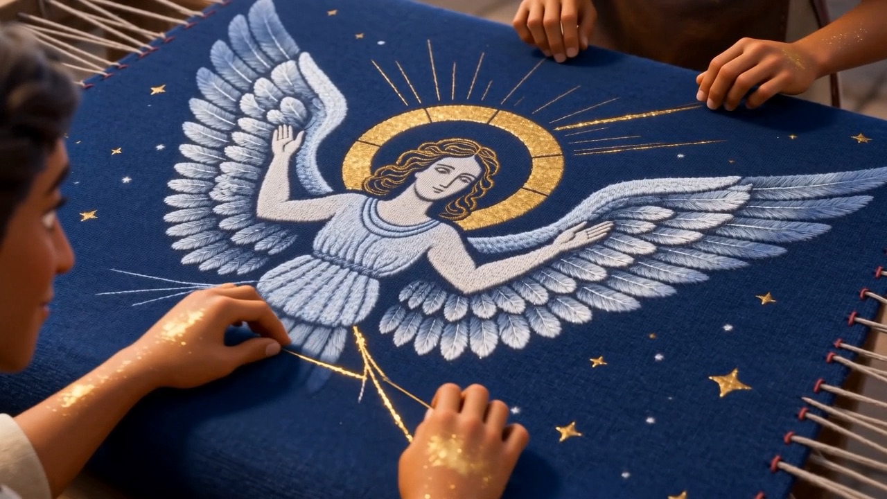 Hands embroider a winged figure in blue and gold thread