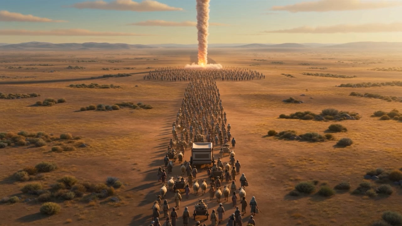 By day the column stands over the moving column of people