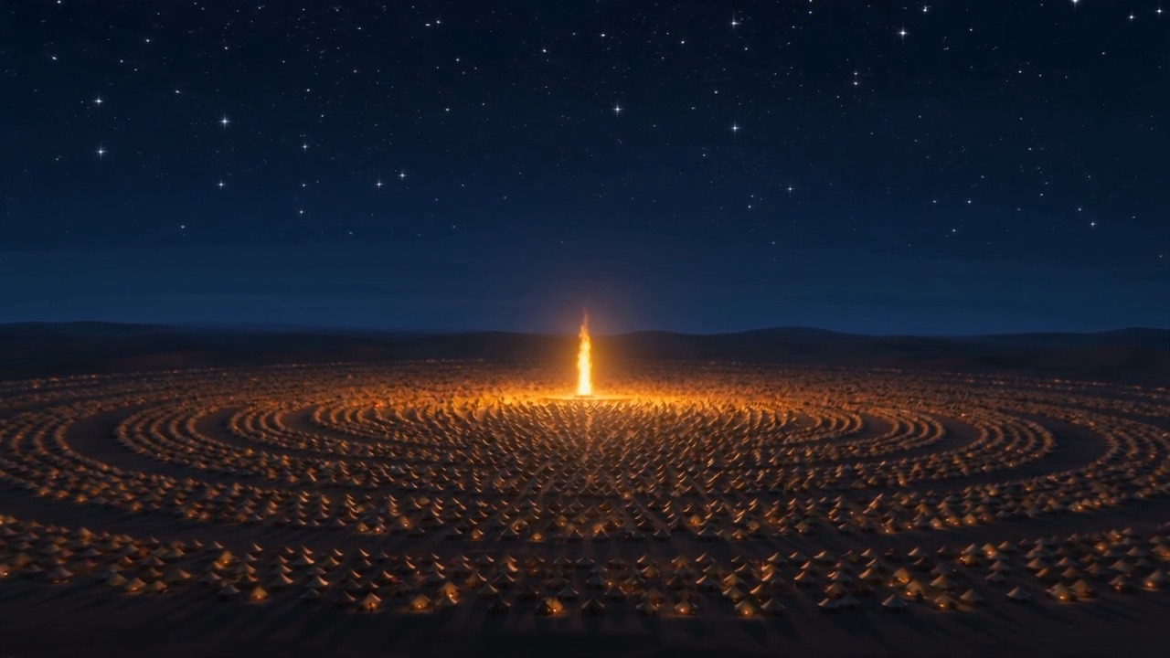At night the pillar burns over a camp laid out in rings