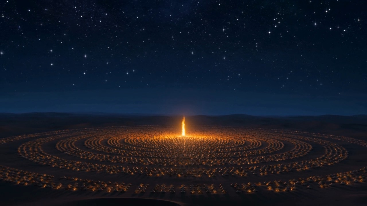 The camp in rings around one burning pillar at night