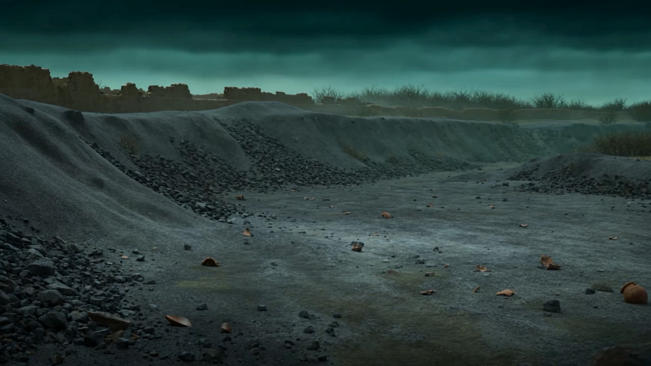 Grey ruined country under a bruised sky