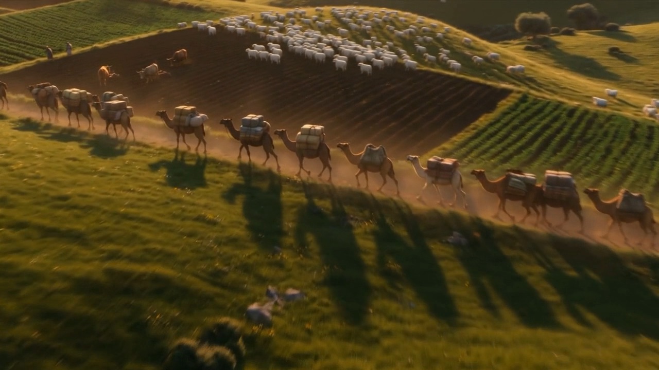 A caravan of camels swaying along a track