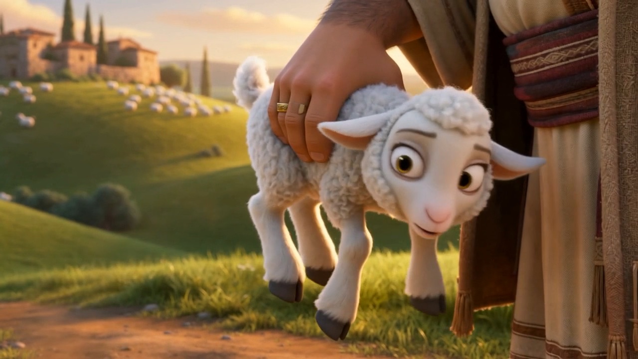 A big bearded man crouched with a lamb in his arms