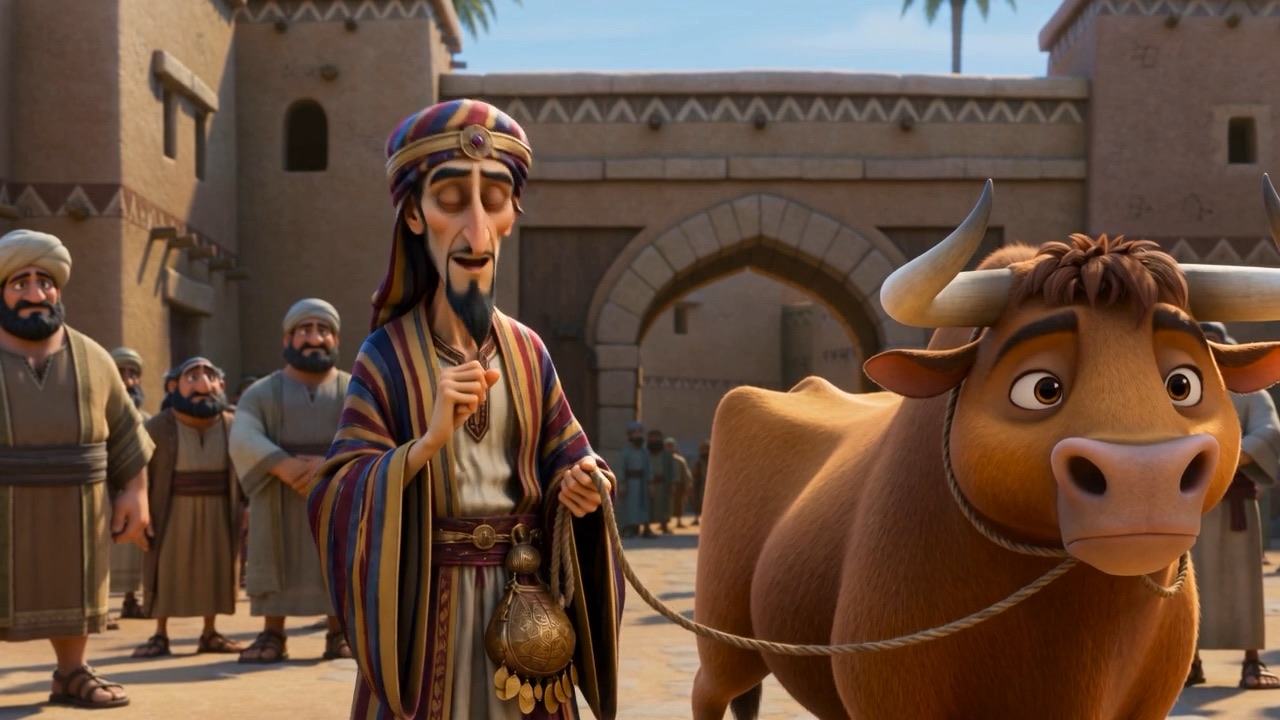 He listens to the merchant with his arms folded