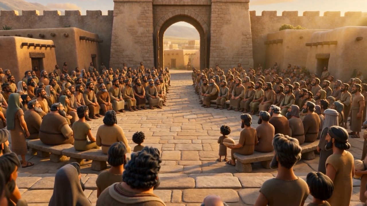 Half the town gathering to him at the gate