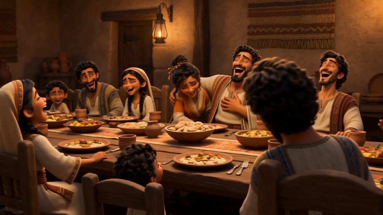 The whole table laughing at once