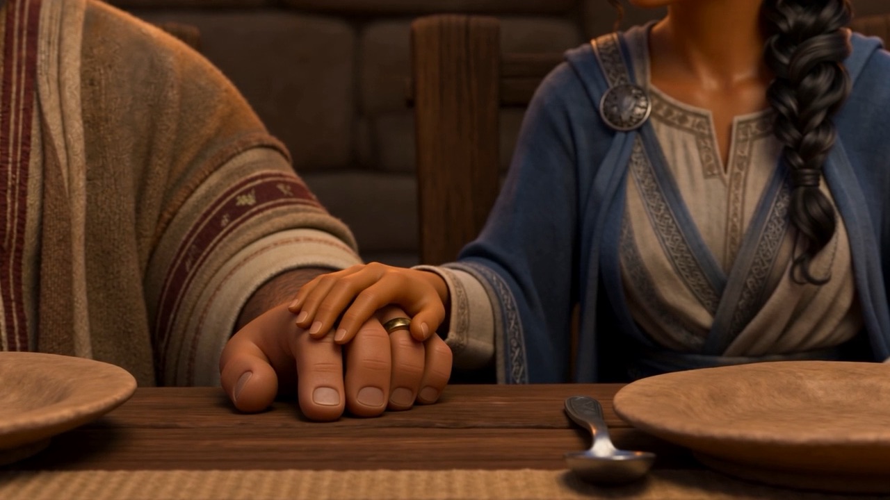 Her hand finds his across the wood