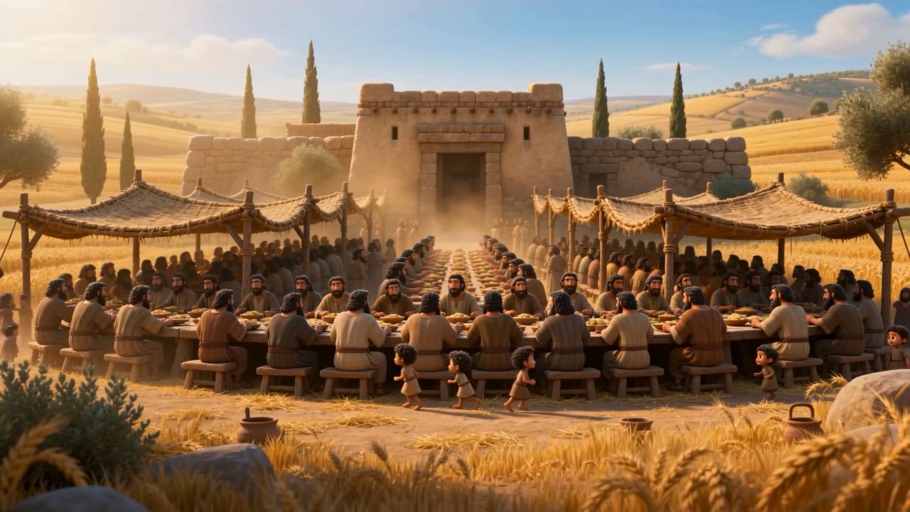 A vast open-air feast set out in a wheat field