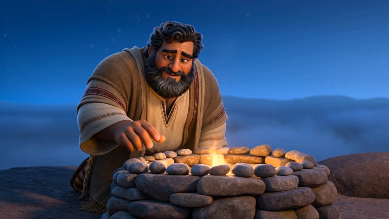 Before dawn — one man building a small stone altar