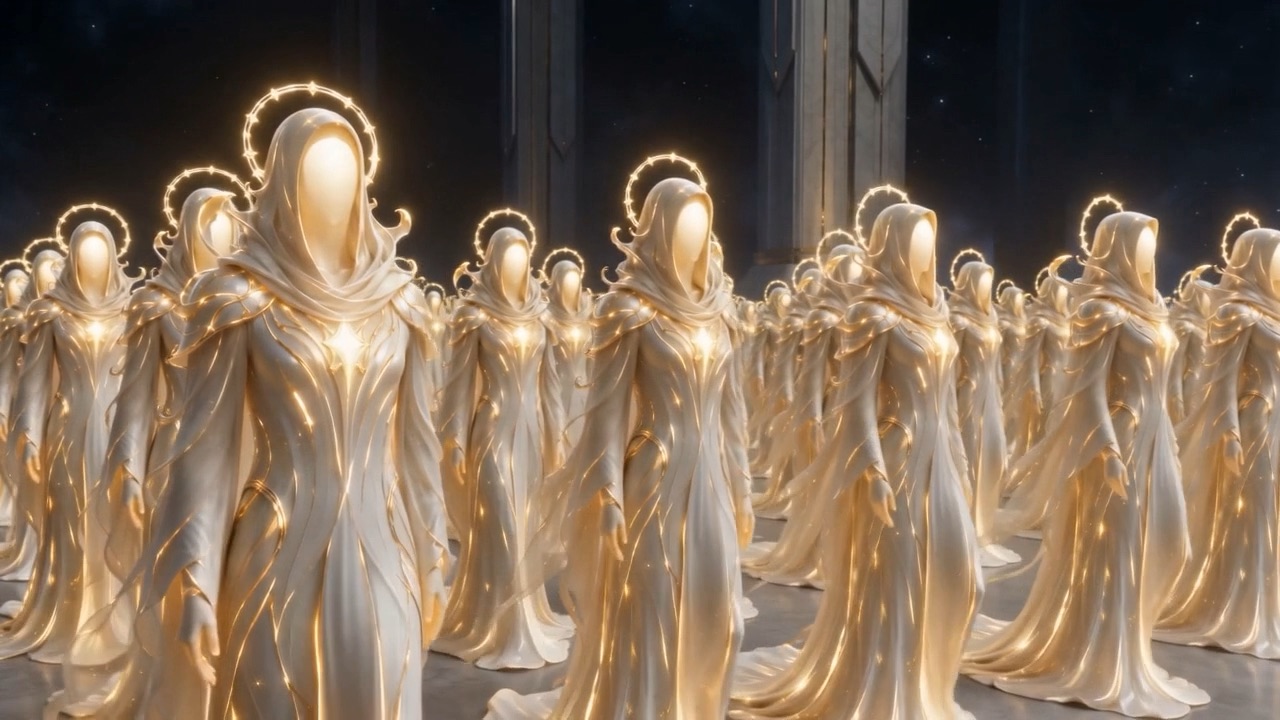 Ranks of faceless white-and-gold figures in a hall of light