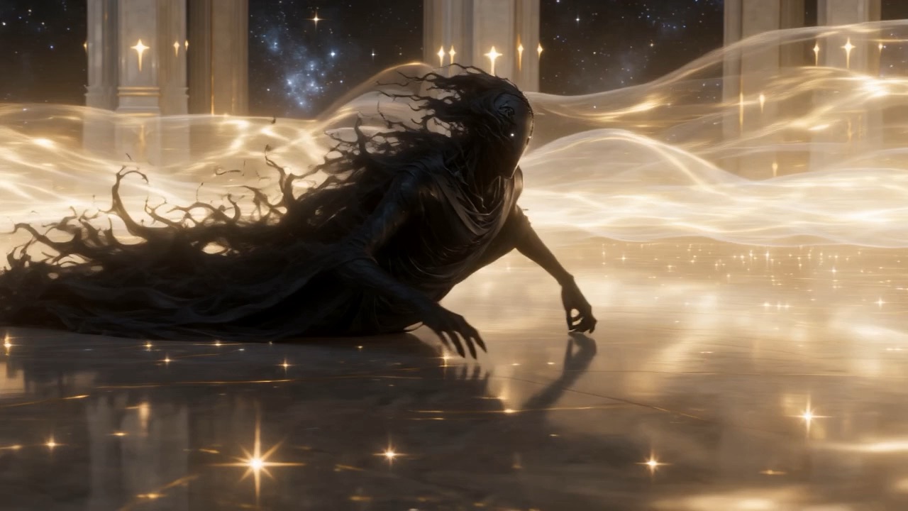 The black figure flat on the floor before the throne