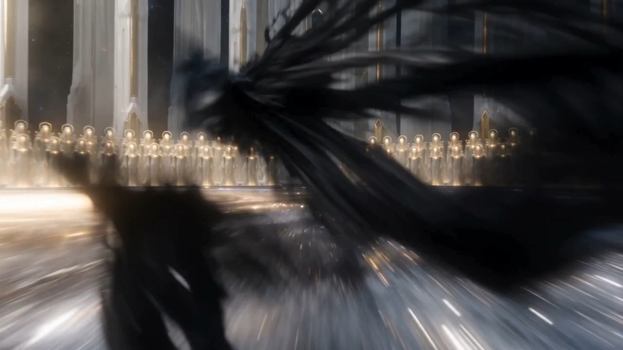 The black shape sweeps out through the doors