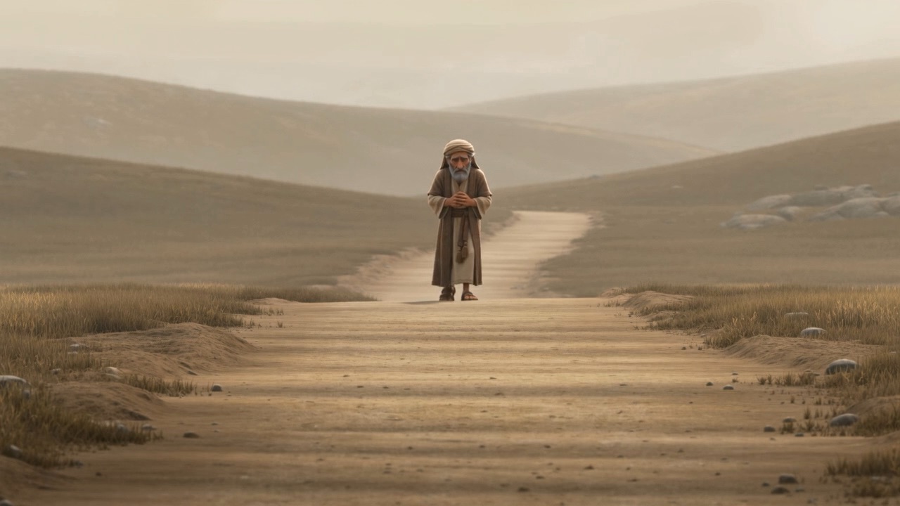 A third figure, tiny, on a bleached road