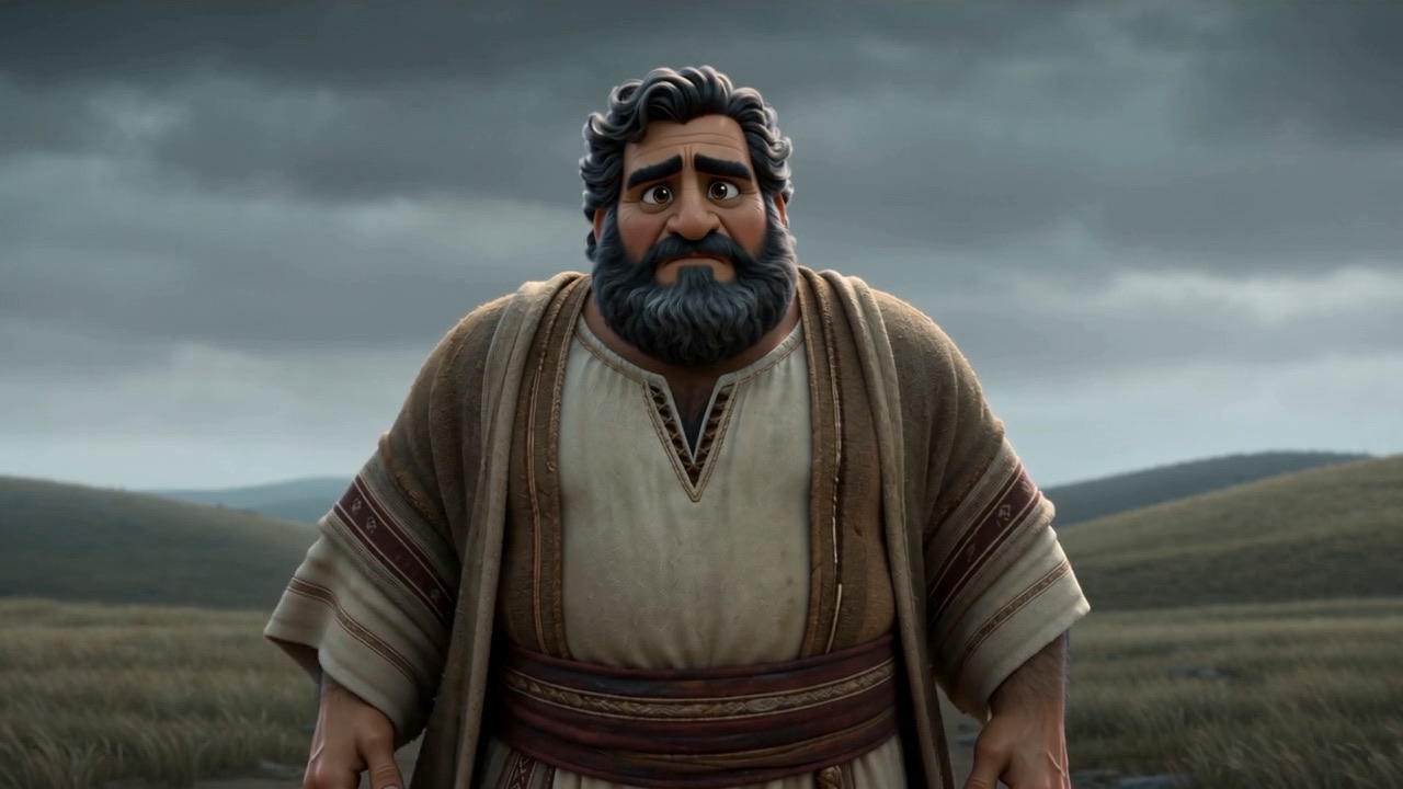 He stands in a dead grey field, arms at his sides