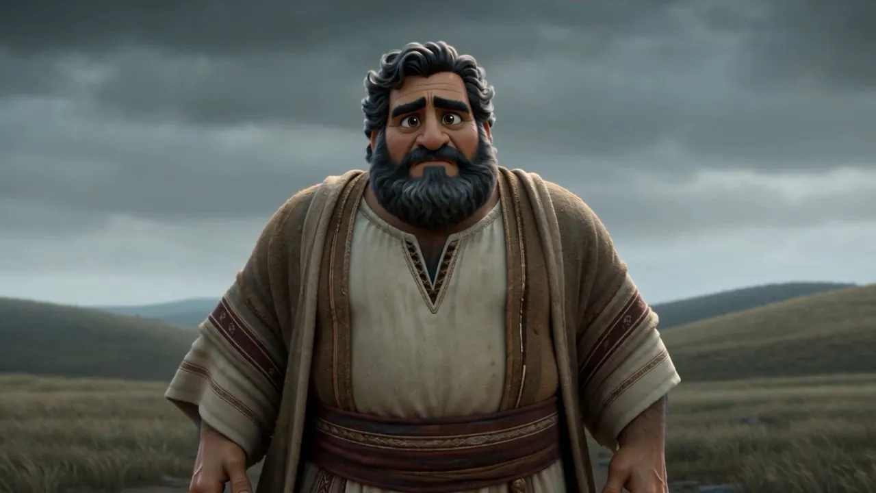He stands in a dead gray field, arms at his sides