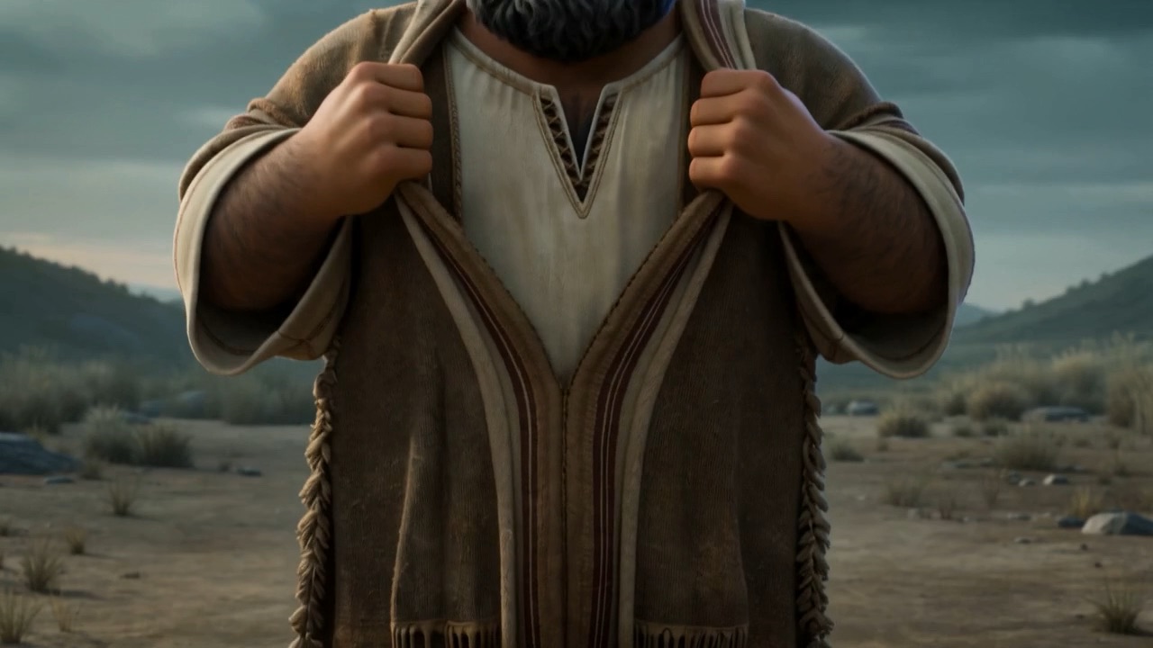 He takes hold of his own robe in both fists