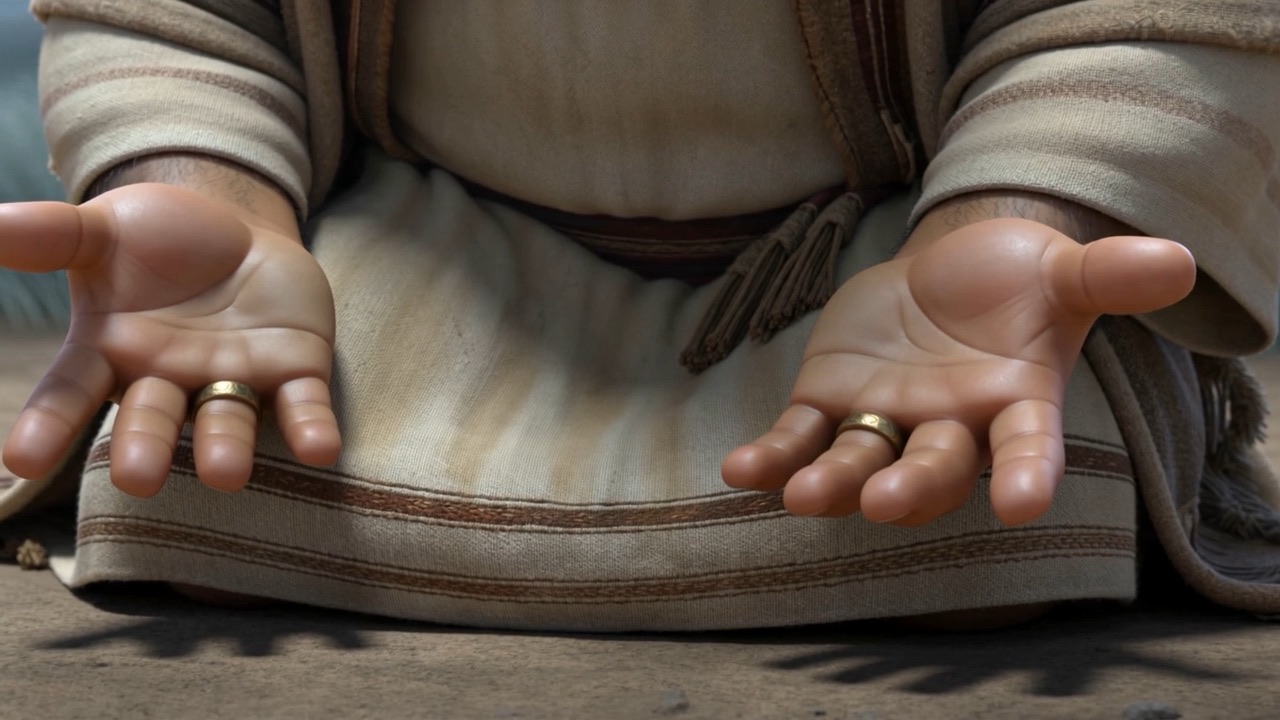 He kneels up and opens both hands, empty