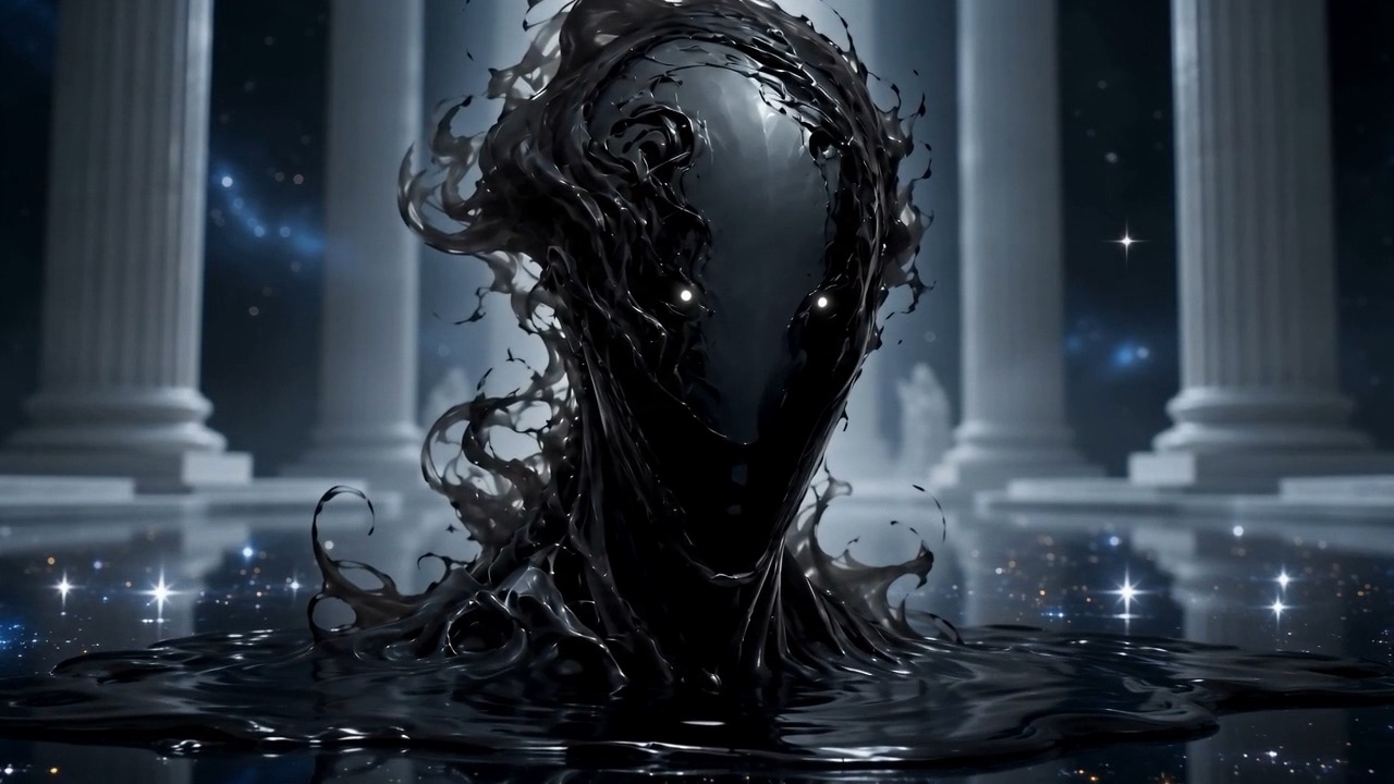 Black liquid rising out of a mirrored floor