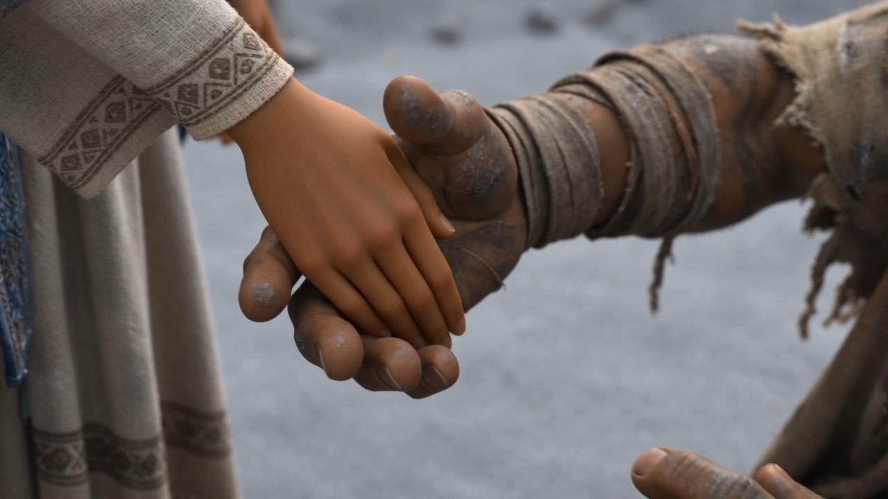 She takes his bandaged hand in both of hers