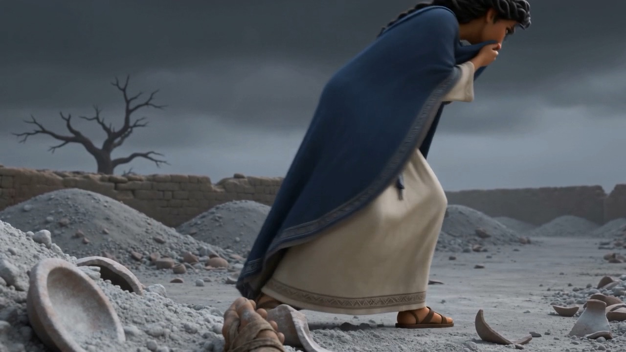She gets up and walks away across the ash