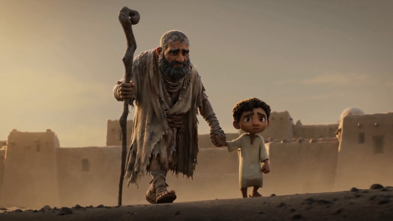 An old man leads a child past, not looking
