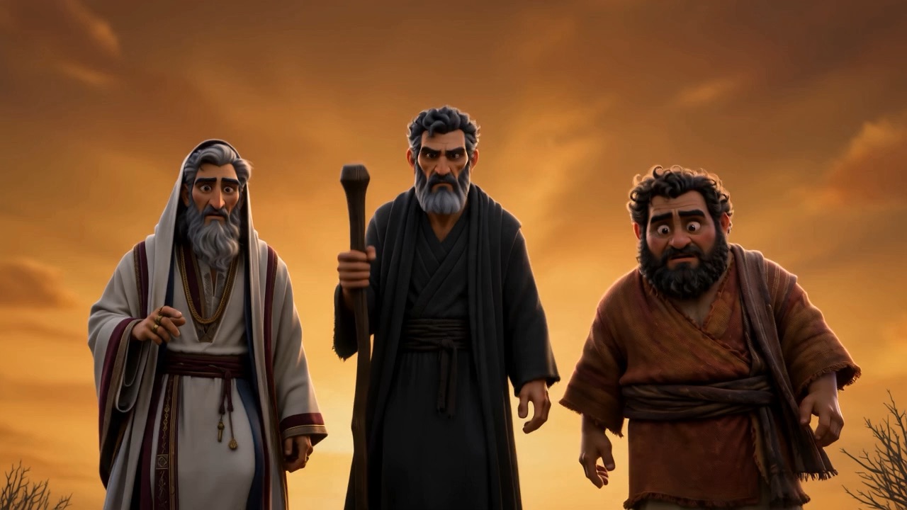 Three men on the ridge at sunset