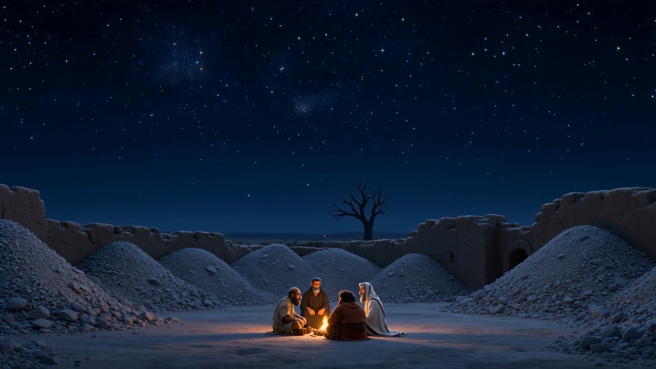 Four small figures round a fire in a black landscape