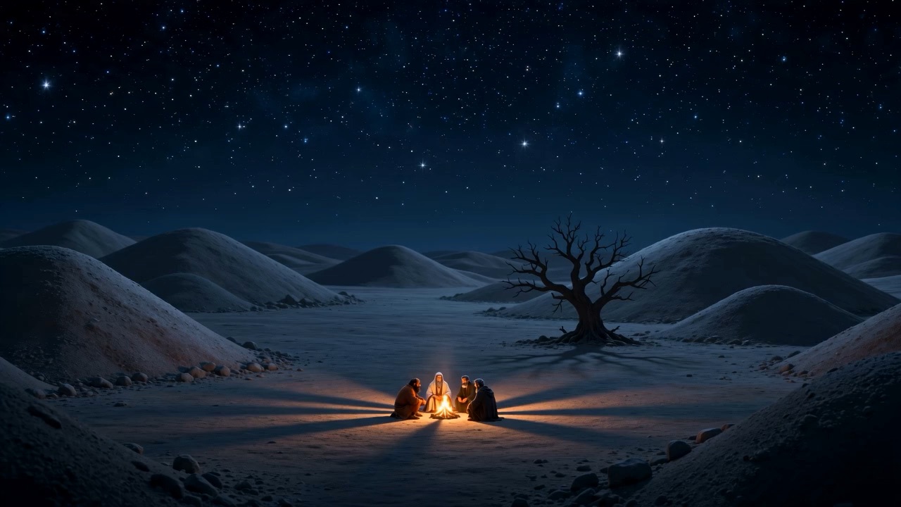 The fire, tiny, under an enormous sky