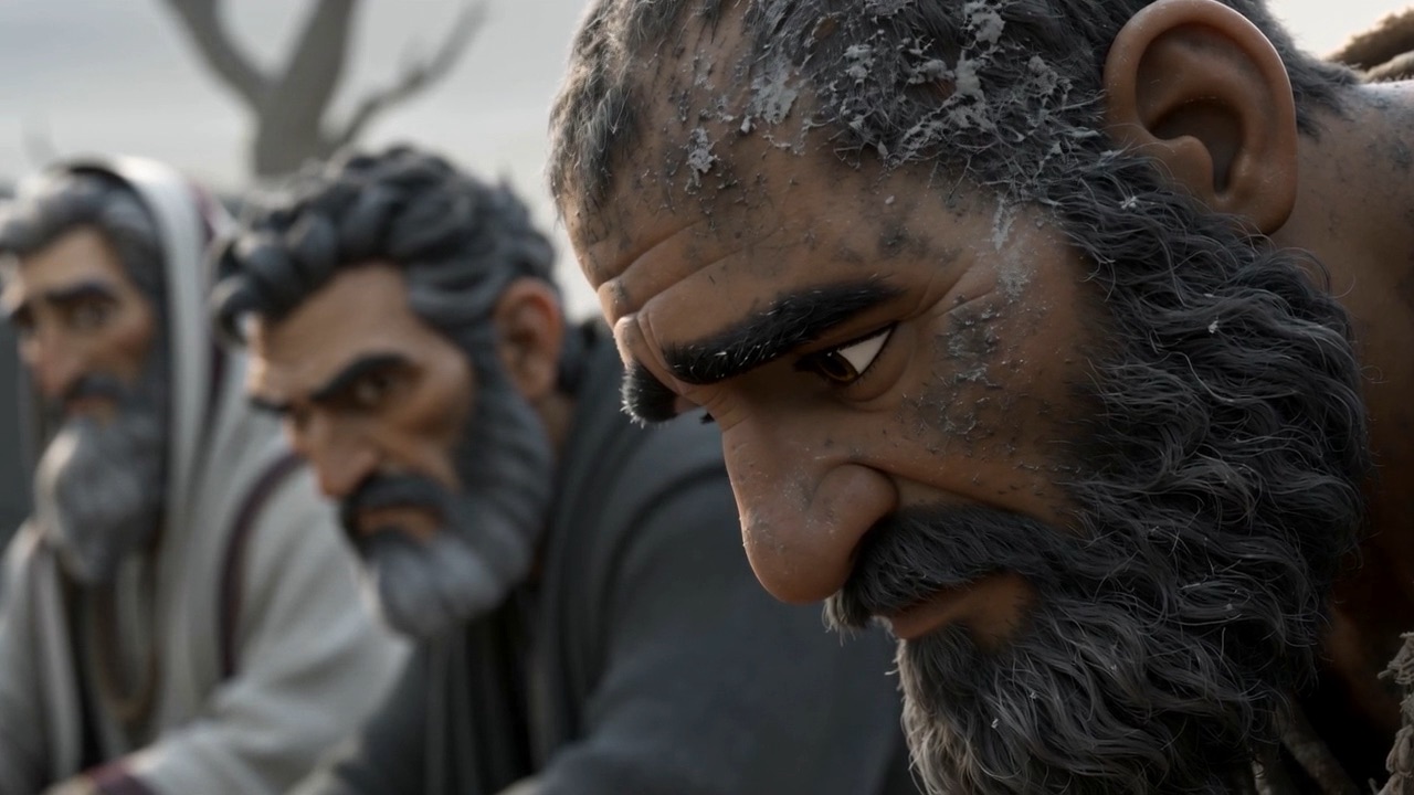 Three faces, watching him, silent