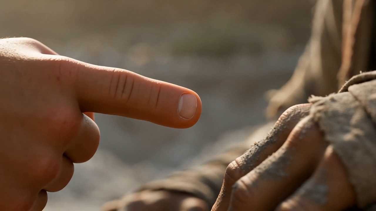 The finger, enormous, in close-up