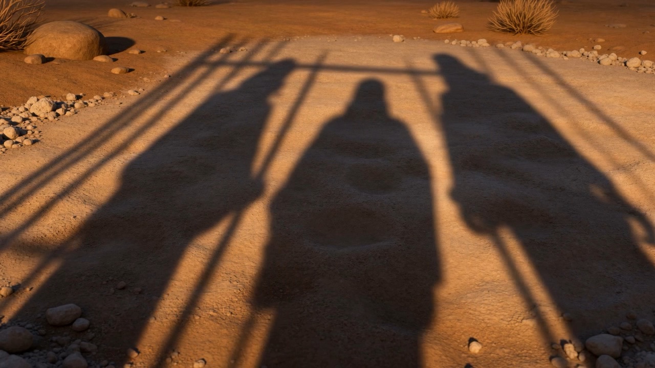 Three shadows stretched across the ground toward him