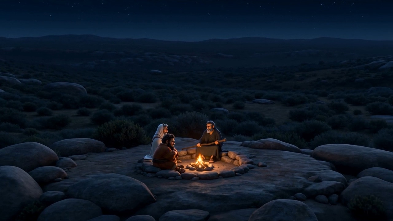 The fire, tiny, on a black hilltop