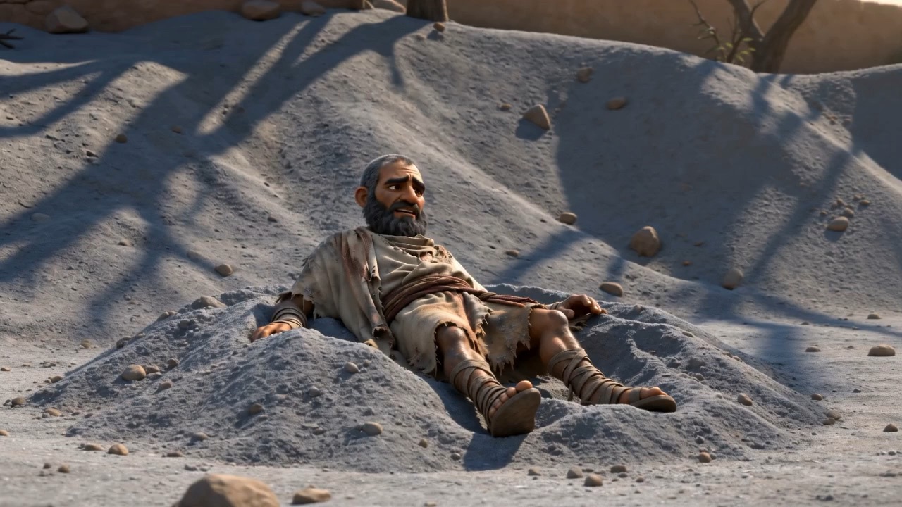 Job sprawled in the sand at dawn