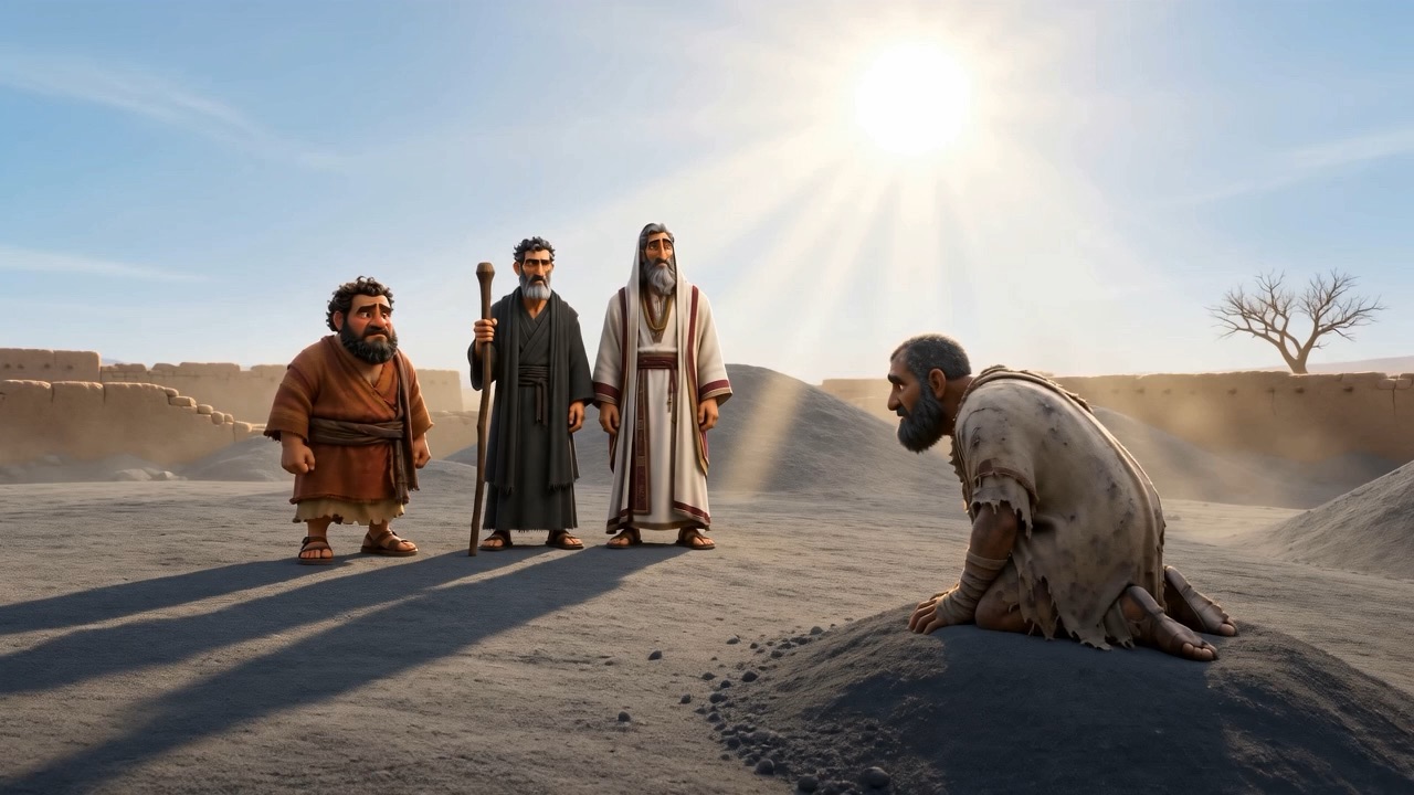 The three of them standing over him, sun behind