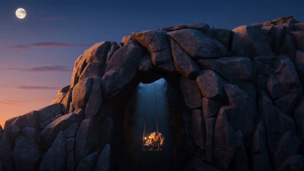 A cage lowered into a shaft in a rock face