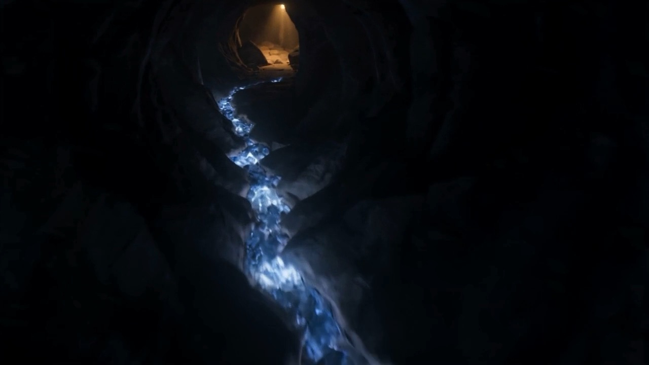 An underground stream in a lit gallery