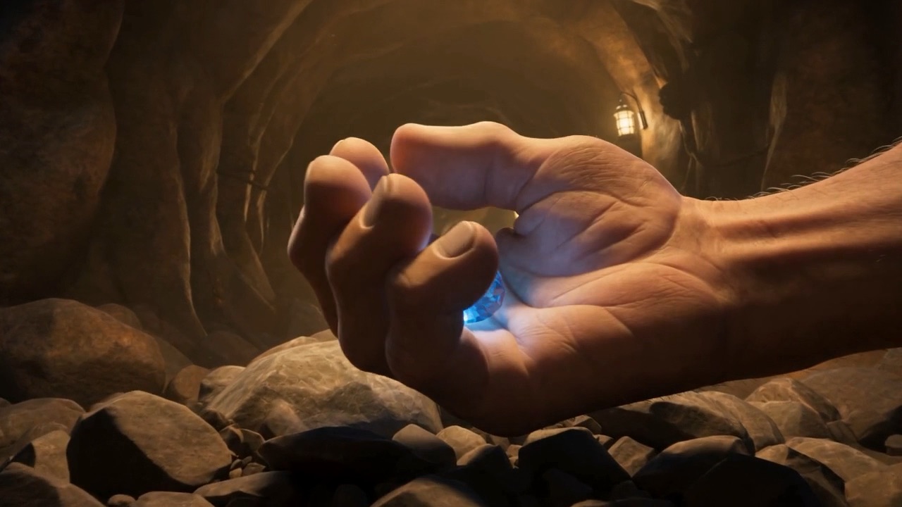 One sapphire, glowing, held up